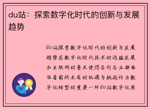 du站：探索数字化时代的创新与发展趋势